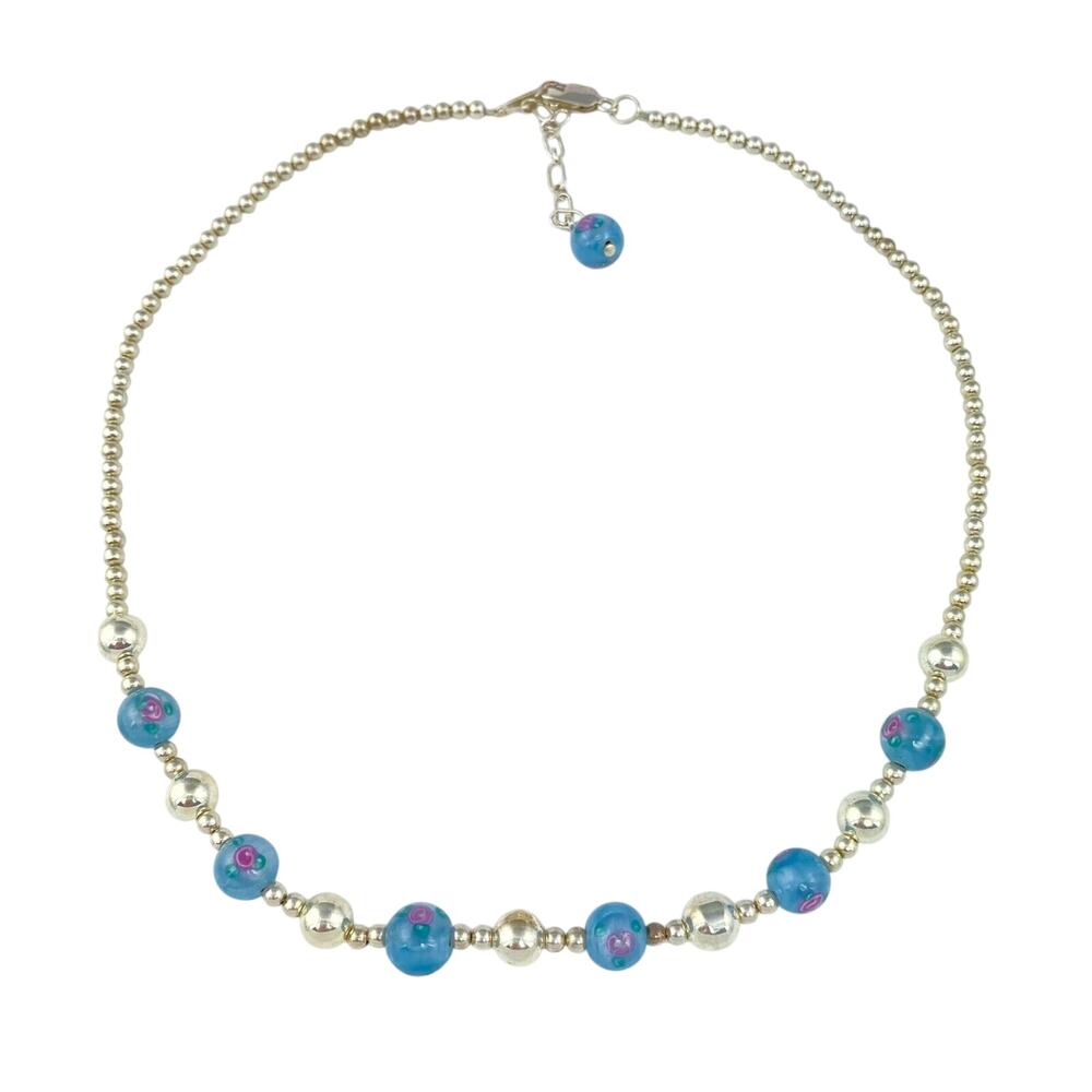 Blue Floral Glass Bead Necklace | Vintage Sterling Silver 925 | 16”